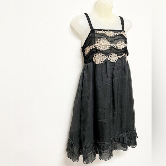 Anthropologie Zehavale Black Ruffle Floral Detail Silk Blend Mini Dress Sz 2 - Picture 3 of 9